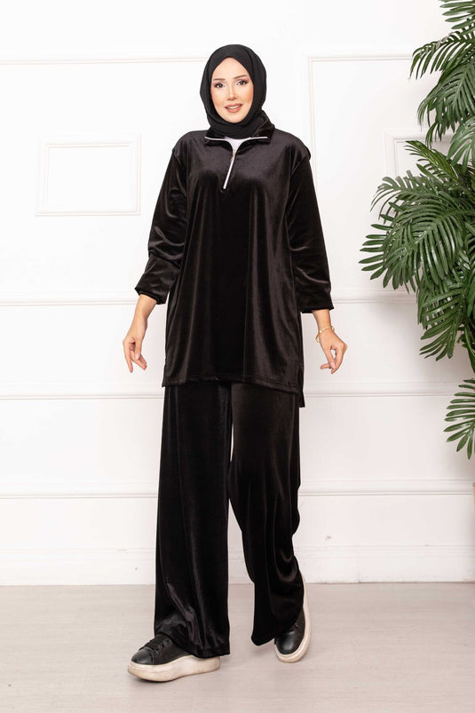 Zipper Detailed Velvet Two Piece Suit Black