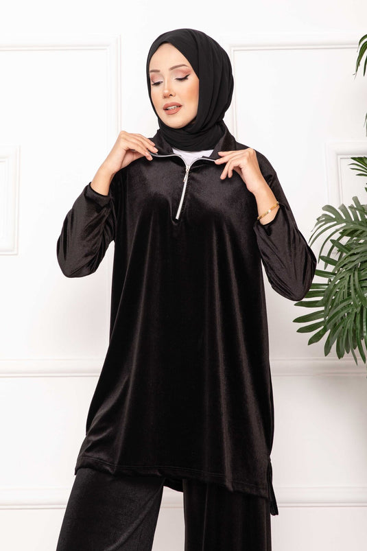 Zipper Detailed Velvet Two Piece Suit Black