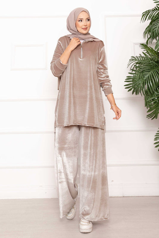 Velvet Two-Piece Suit Mink with Zipper Detail