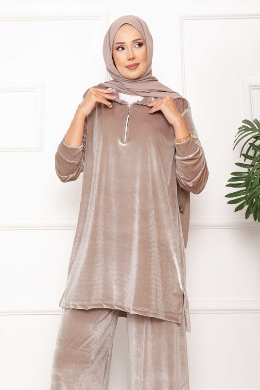 Velvet Two-Piece Suit Mink with Zipper Detail