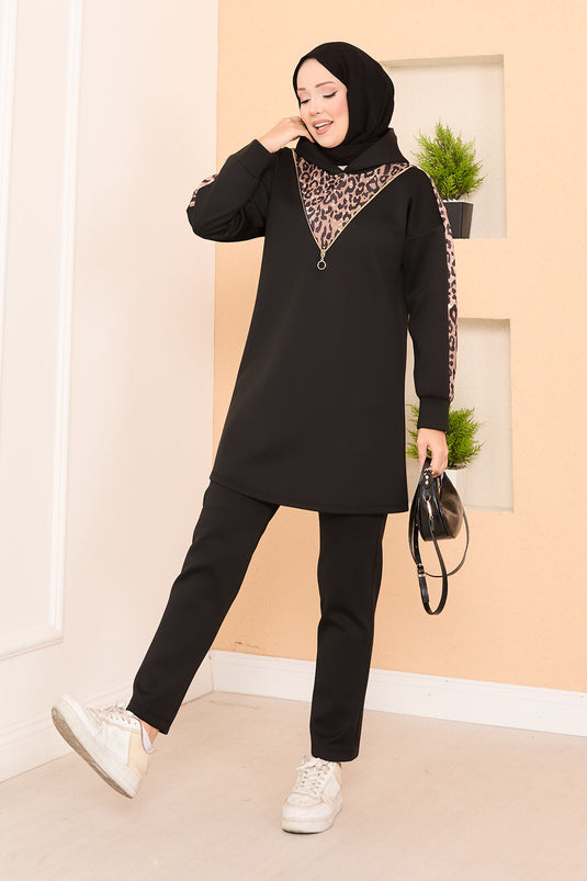 Zipper Detailed Leopard Two Piece Hijab Suit Black