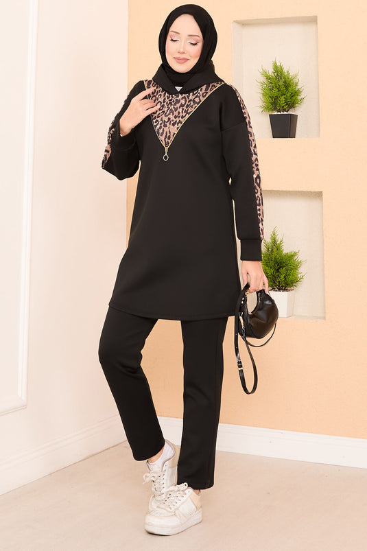 Zipper Detailed Leopard Two Piece Hijab Suit Black