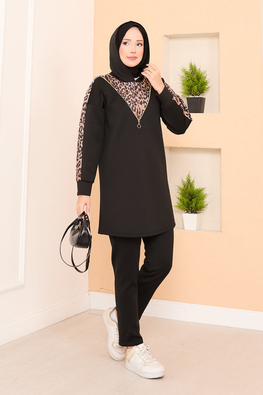 Zipper Detailed Leopard Two Piece Hijab Suit Black