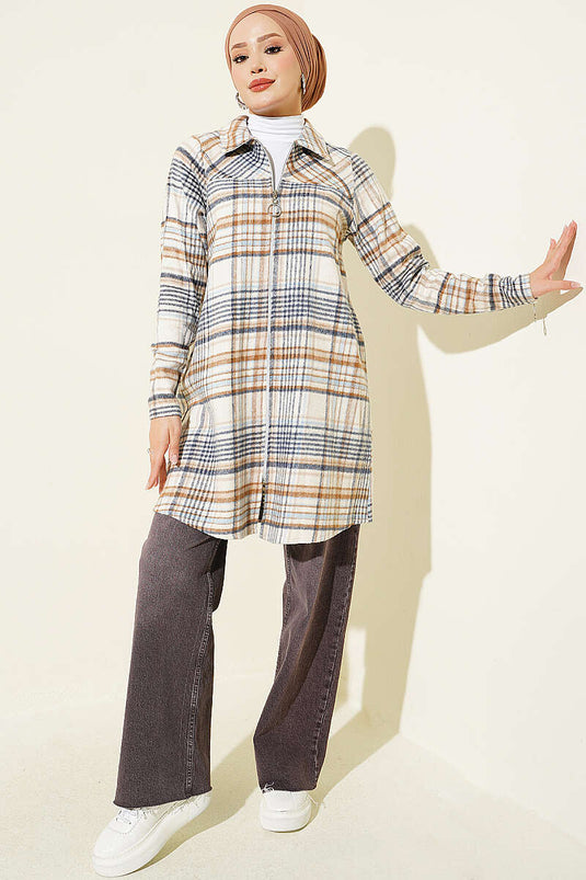 Cardigan In Flanella Con Zip Beige