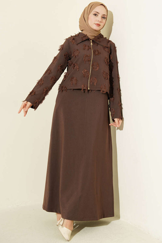 Ensemble robe salopette à franges avec fermeture éclair, couleur marron