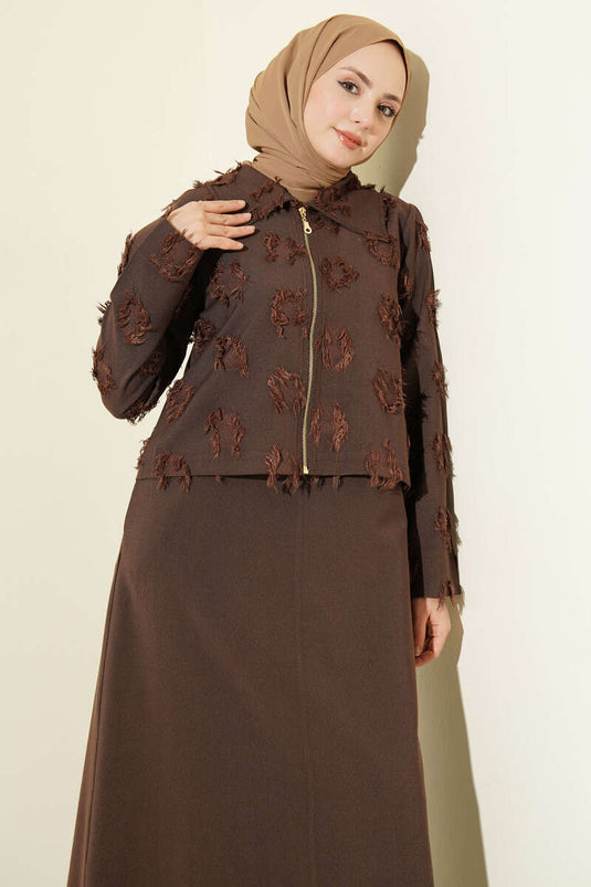 Ensemble robe salopette à franges avec fermeture éclair, couleur marron