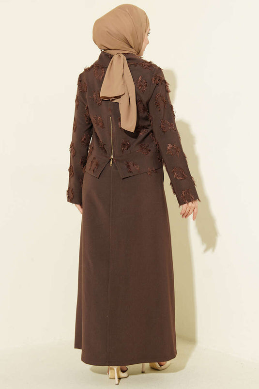 Ensemble robe salopette à franges avec fermeture éclair, couleur marron