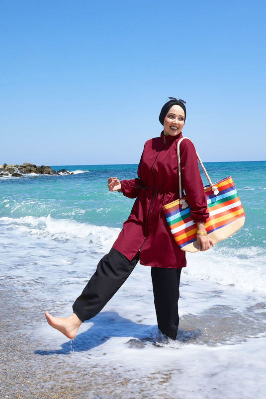 Zipper Detailed Modest Swimsuit Claret Red