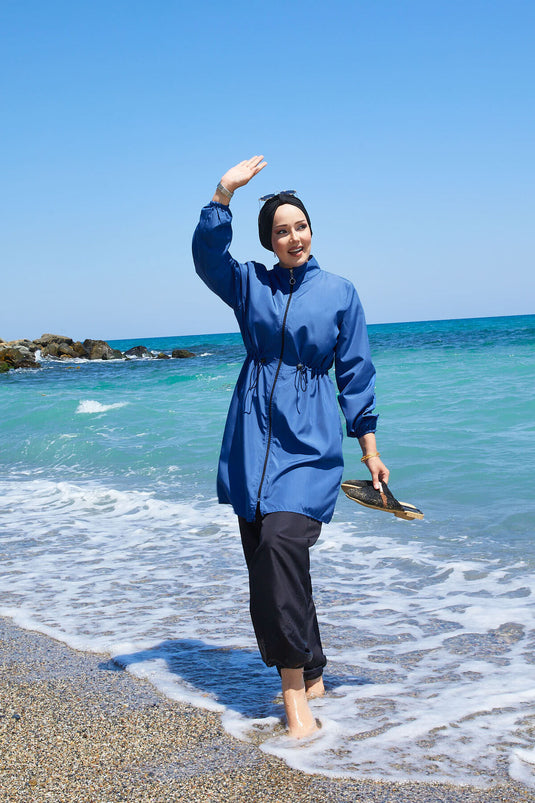 Zipper Detailed Modest Swimsuit Indigo