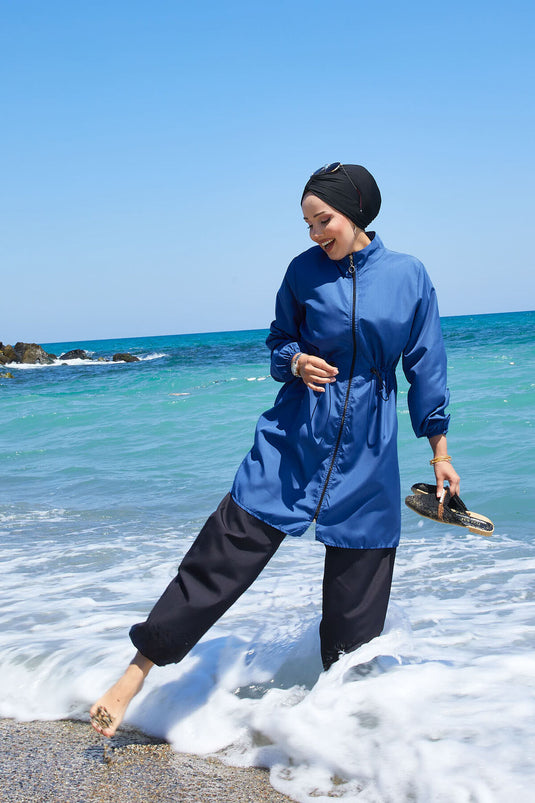 Zipper Detailed Modest Swimsuit Indigo