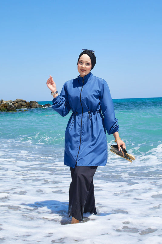 Zipper Detailed Modest Swimsuit Indigo