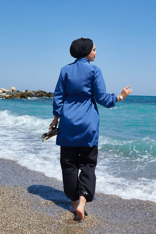 Zipper Detailed Modest Swimsuit Indigo