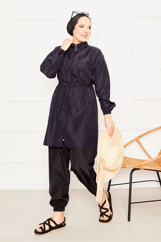Zipper Detailed Hijab Swimsuit Navy Blue