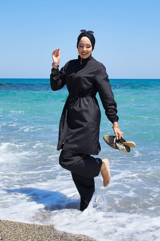 Hijab Badeanzug mit Reißverschluss in Schwarz