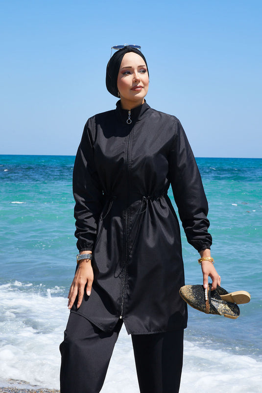Zipper Detailed Hijab Swimsuit Black