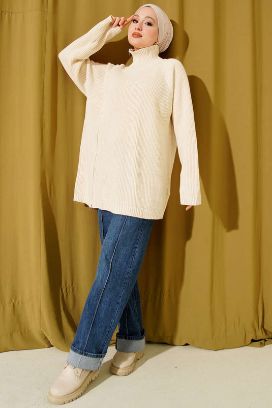 Zipper Detailed Knit Tunic Beige