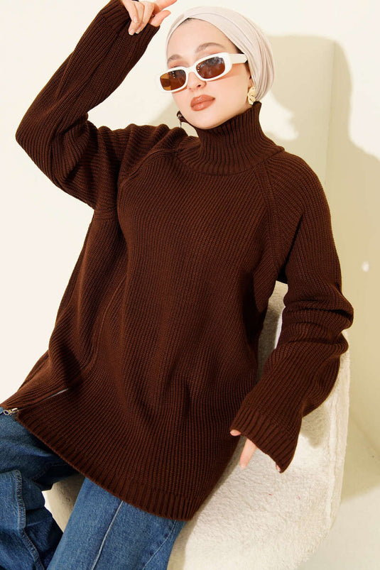 Kahve Zipper Detail Knit Tunic