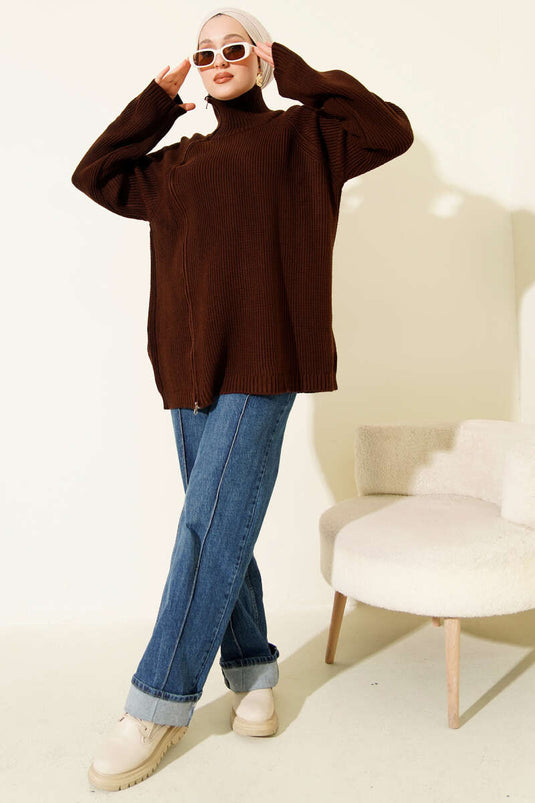 Kahve Zipper Detail Knit Tunic