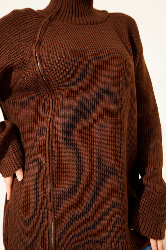 Kahve Zipper Detail Knit Tunic