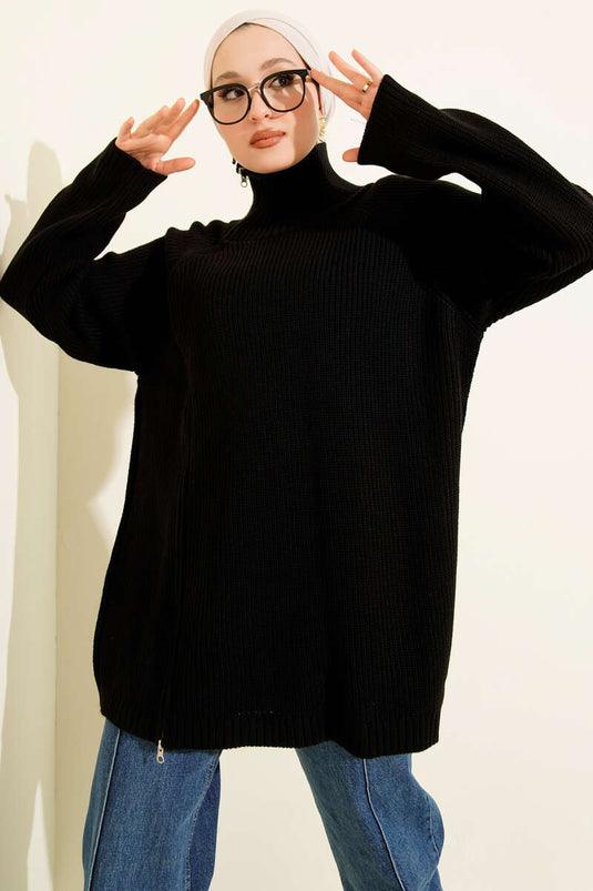 Zipper Detail Knit Tunic Black