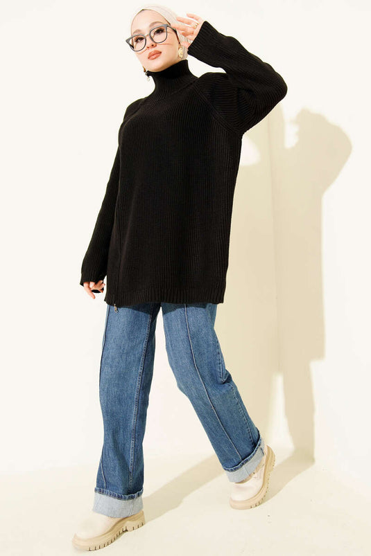 Zipper Detail Knit Tunic Black