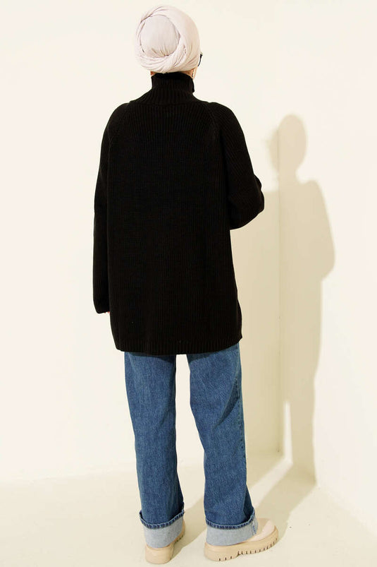 Zipper Detail Knit Tunic Black
