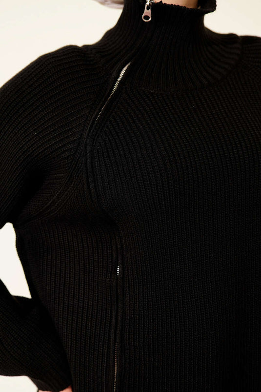 Zipper Detail Knit Tunic Black