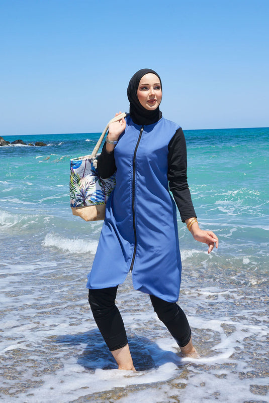 Maillot de bain modeste à fermeture éclair avec côtés à lacets, indigo