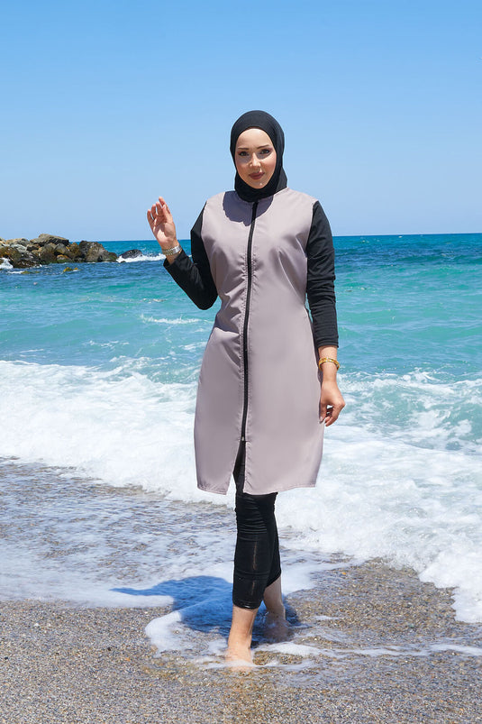 Zipper Detailed Side Laced Hijab Swimsuit Dark Powder