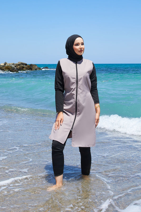 Zipper Detailed Side Laced Hijab Swimsuit Dark Powder