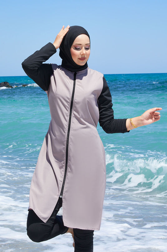 Zipper Detailed Side Laced Hijab Swimsuit Dark Powder