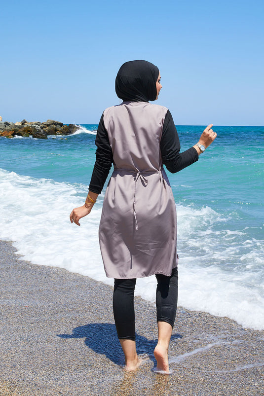 Zipper Detailed Side Laced Hijab Swimsuit Dark Powder