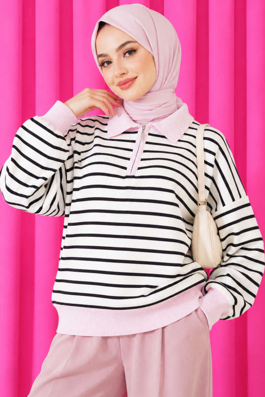 Fermuar Yaka Çizgili Triko Tunik Pembe