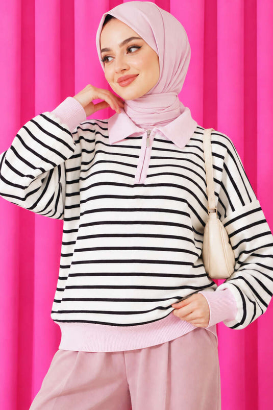 Fermuar Yaka Çizgili Triko Tunik Pembe