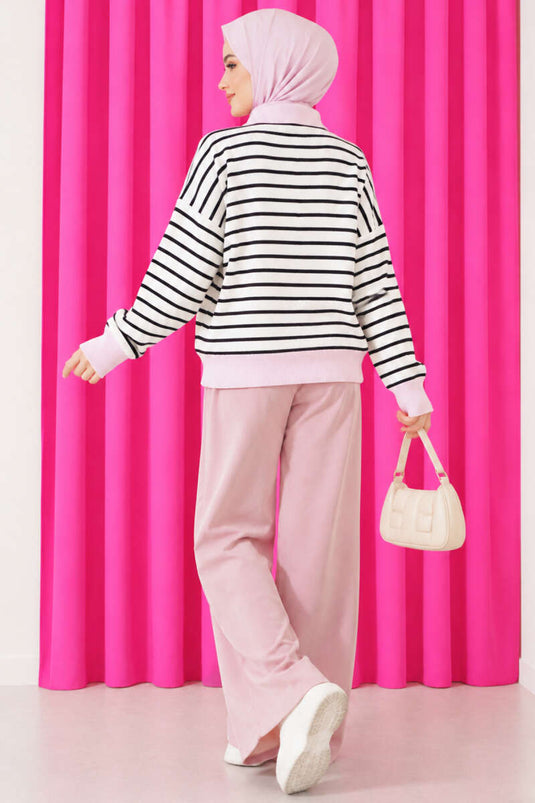 Fermuar Yaka Çizgili Triko Tunik Pembe
