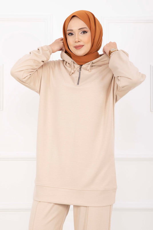 Zipper Collar Hooded Modest Outfit Beige
