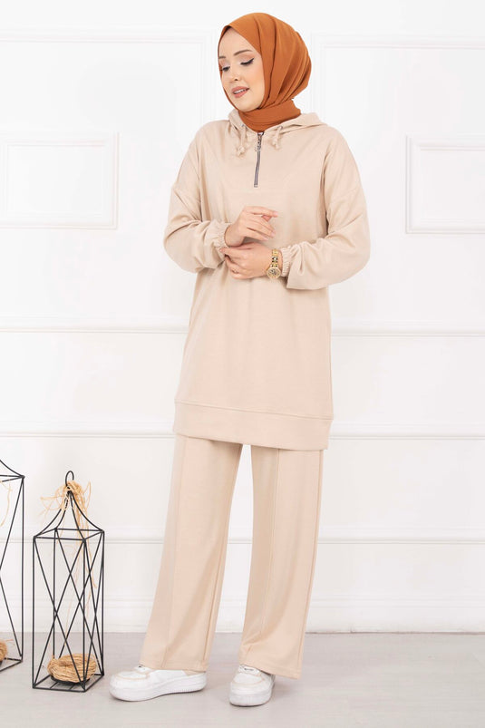 Zipper Collar Hooded Modest Outfit Beige