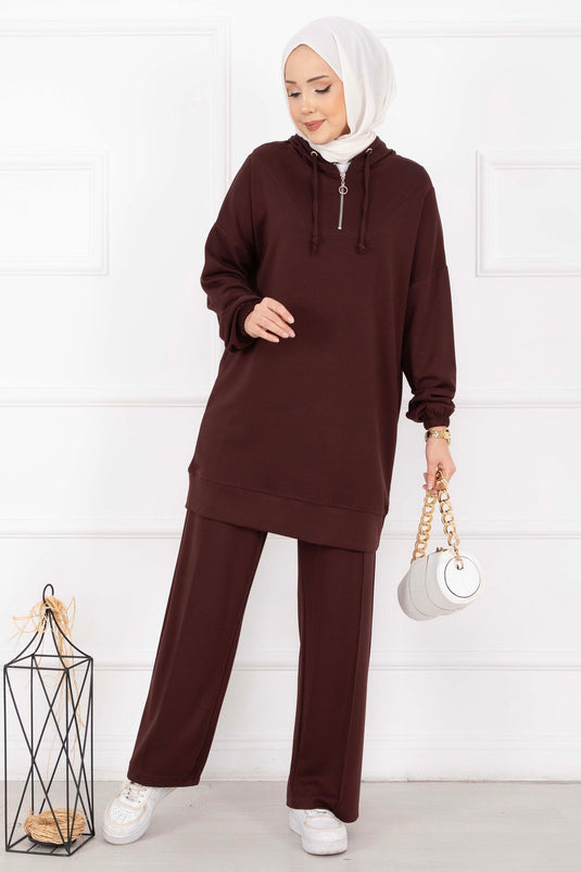 Zipper Collar Hooded Modest Outfit Brown