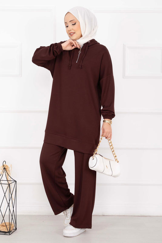 Fermuar Yaka Kapüşonlu Tesettür Takım Kahve