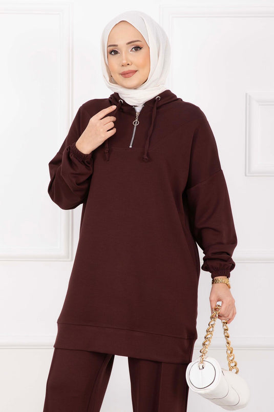 Zipper Collar Hooded Modest Outfit Brown