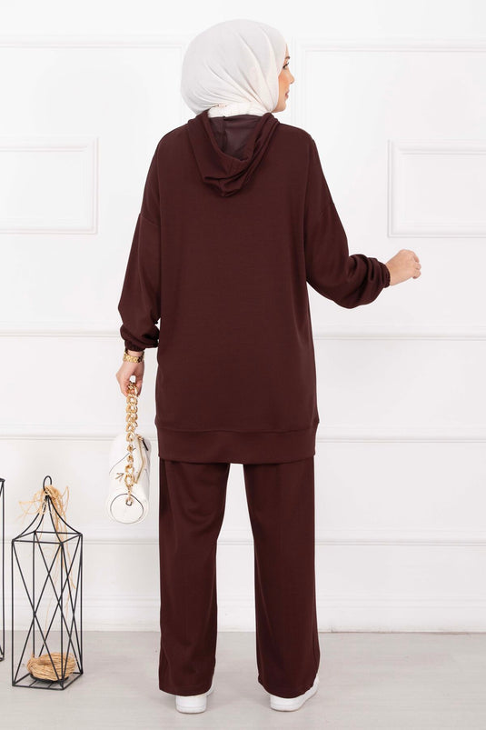 Fermuar Yaka Kapüşonlu Tesettür Takım Kahve