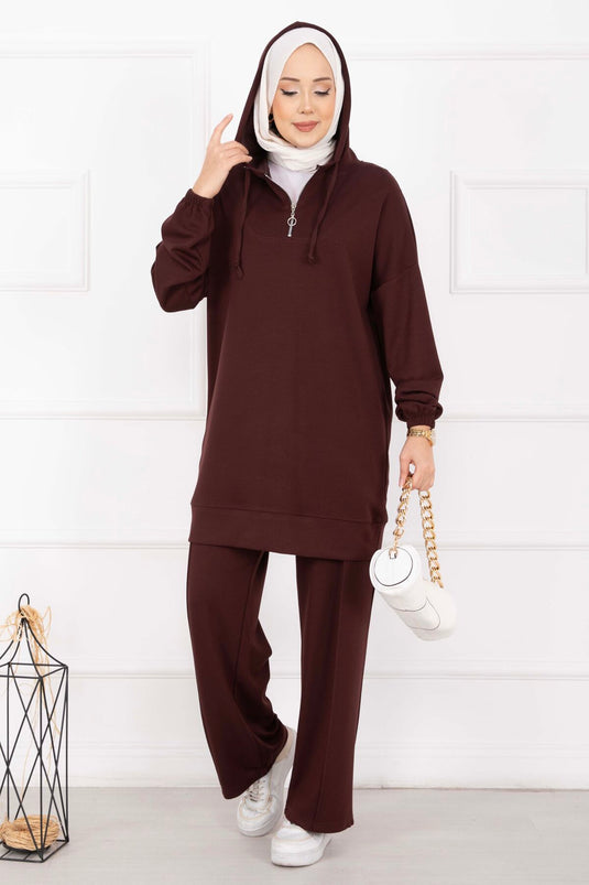 Fermuar Yaka Kapüşonlu Tesettür Takım Kahve