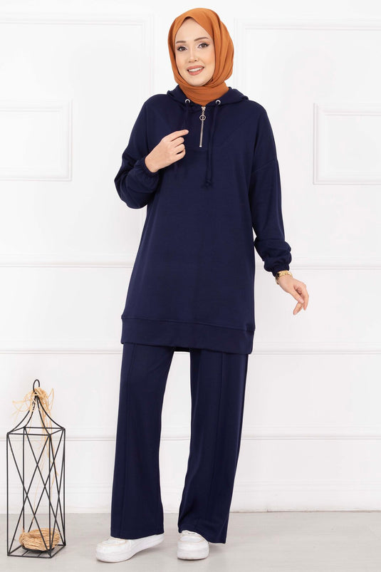 Zipper Collar Hooded Modest Outfit Navy Blue