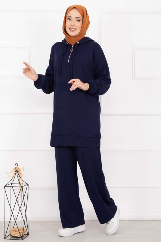 Ensemble voilé à capuche à col zippé bleu marine