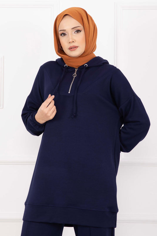 Zipper Collar Hooded Modest Outfit Navy Blue