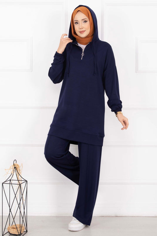 Ensemble voilé à capuche à col zippé bleu marine