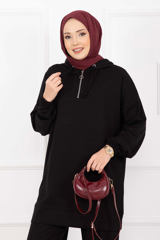 Zipper Collar Hooded Modest Outfit Black