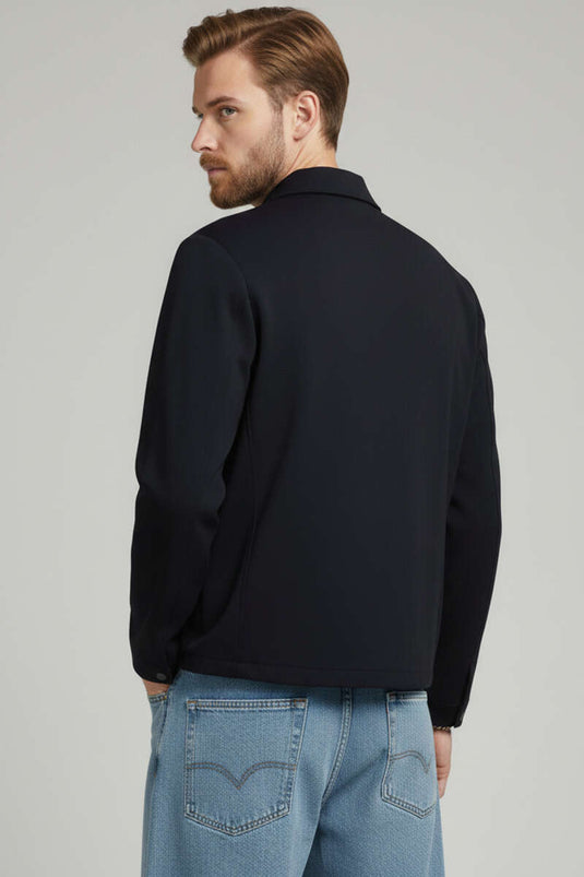 Zippered Basic Men's Jacket Navy Blue