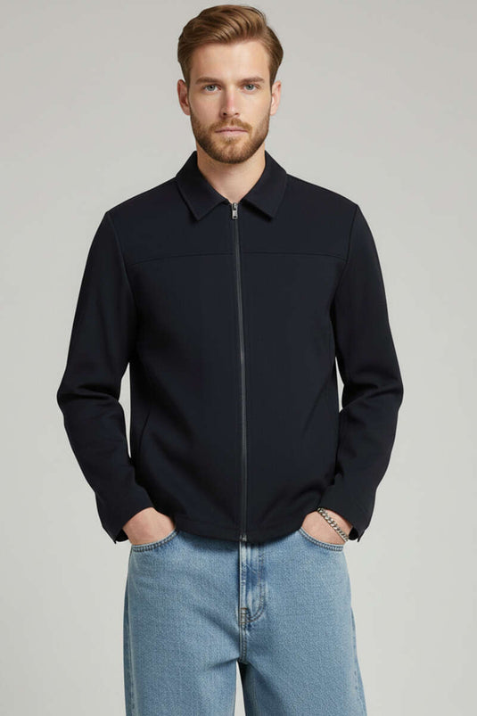Zippered Basic Men's Jacket Navy Blue