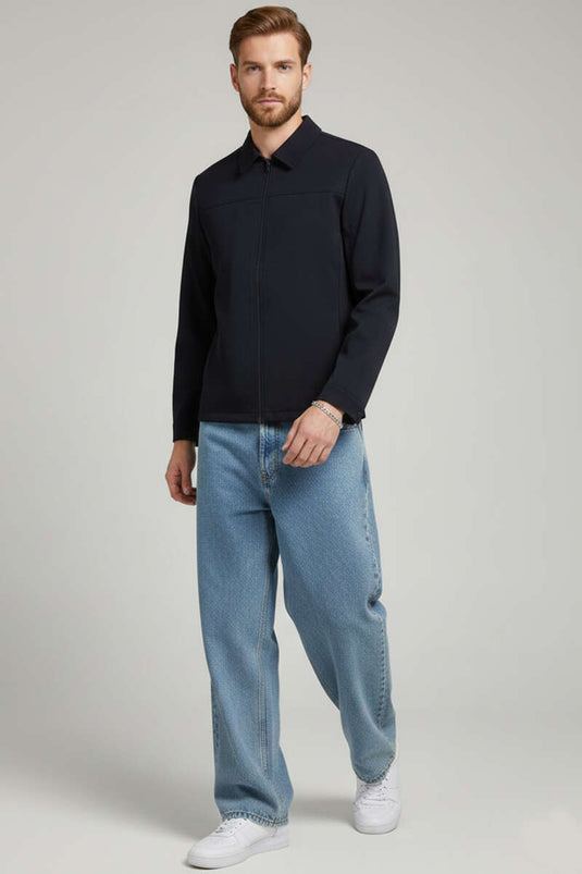 Zippered Basic Men's Jacket Navy Blue